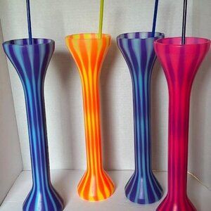 Krazy Straw Plastic Neon Swirl Luau Yard Bottle Cup Lot Of 4 + Straws 30 oz.